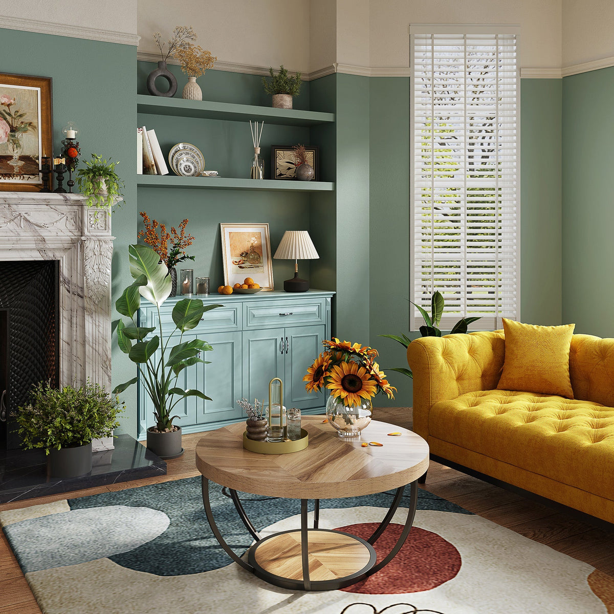 2-Tier Round Coffee Table with Shelves