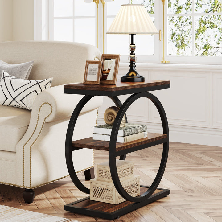 3-Tier End Table, Industrial Sofa Side Table with Round Metal Frame Tribesigns