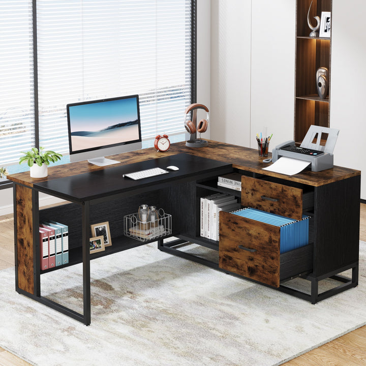 63" L-Shaped Desk, Large Executive Business Desk with Drawers and Shelves Tribesigns