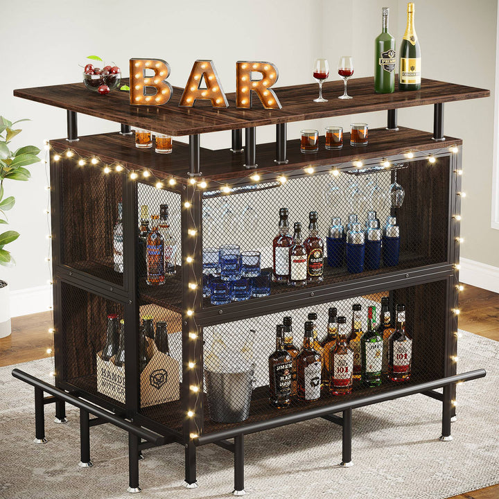 Home Bar Unit, L-Shaped Liquor Bar Table with Glasses Holders & Shelves Tribesigns