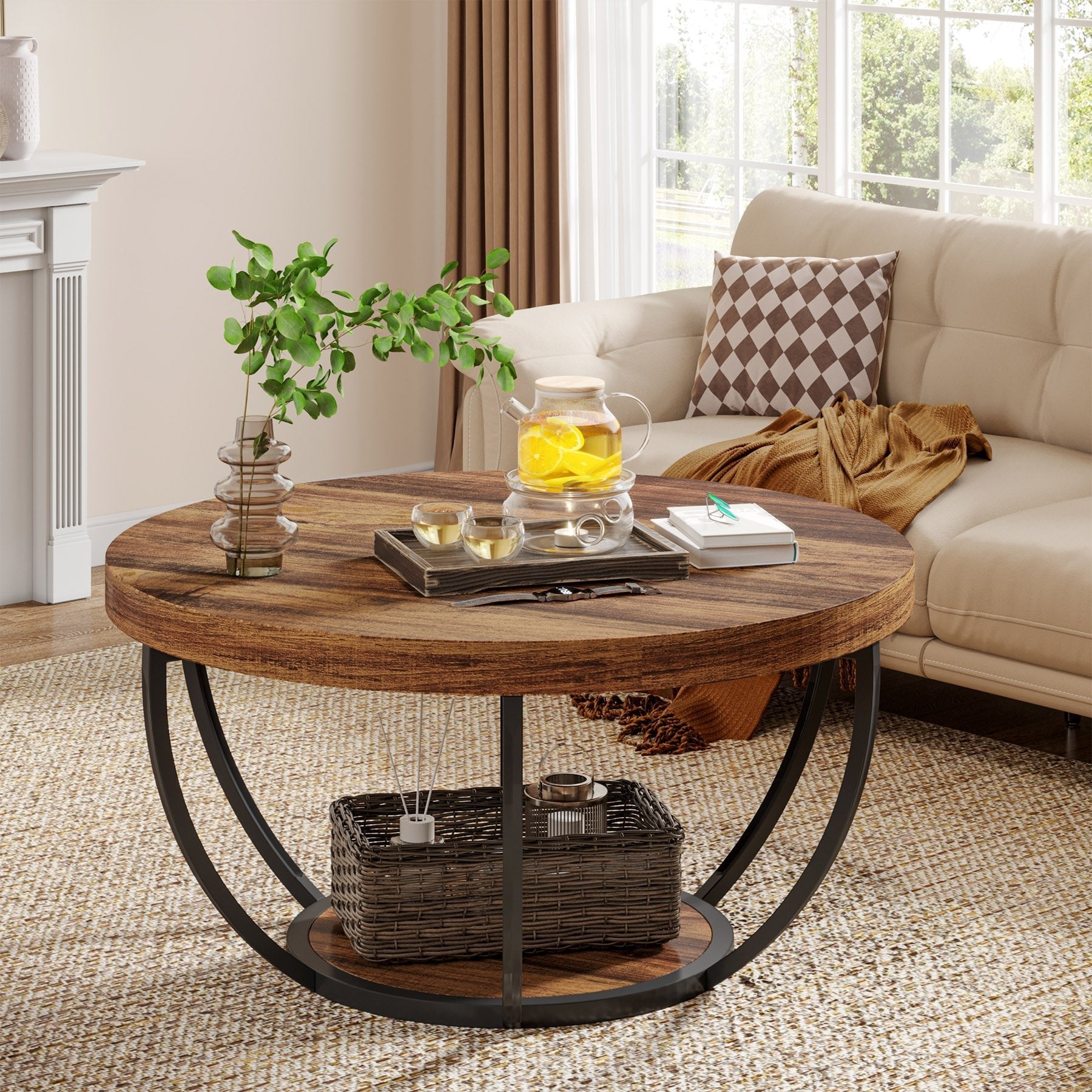 Little Tree Coffee Table, 2-Tier Wooden Round Central Cocktail Table