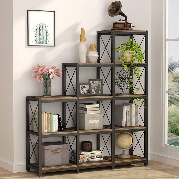 12 Shelves Bookshelf, Industrial Ladder Bookcase